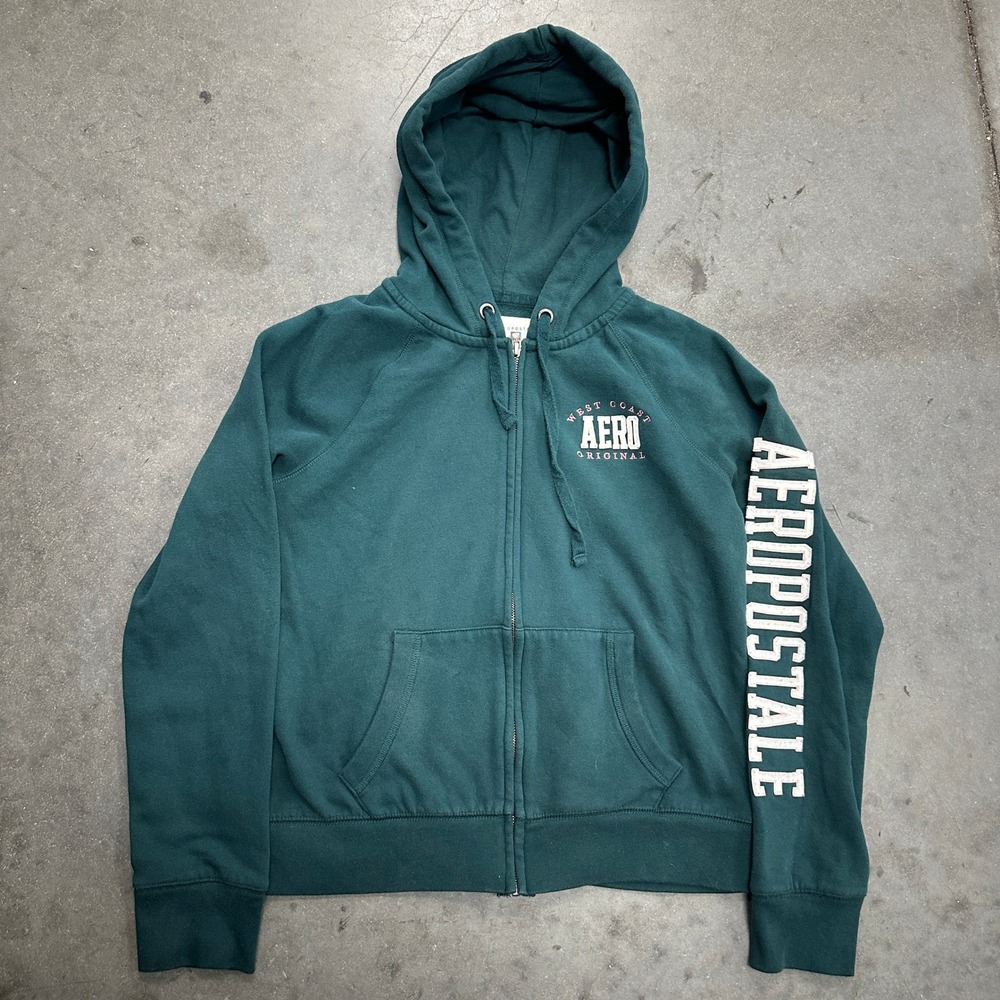 Aeropostale Womens Green Full Zip Hoodie West Coast Aero Logo Sweatshirt Medium